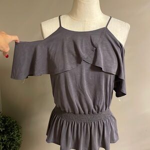 NWT Moa Moa top cold shoulder teared tank sleeve smocked waist grey size L jr